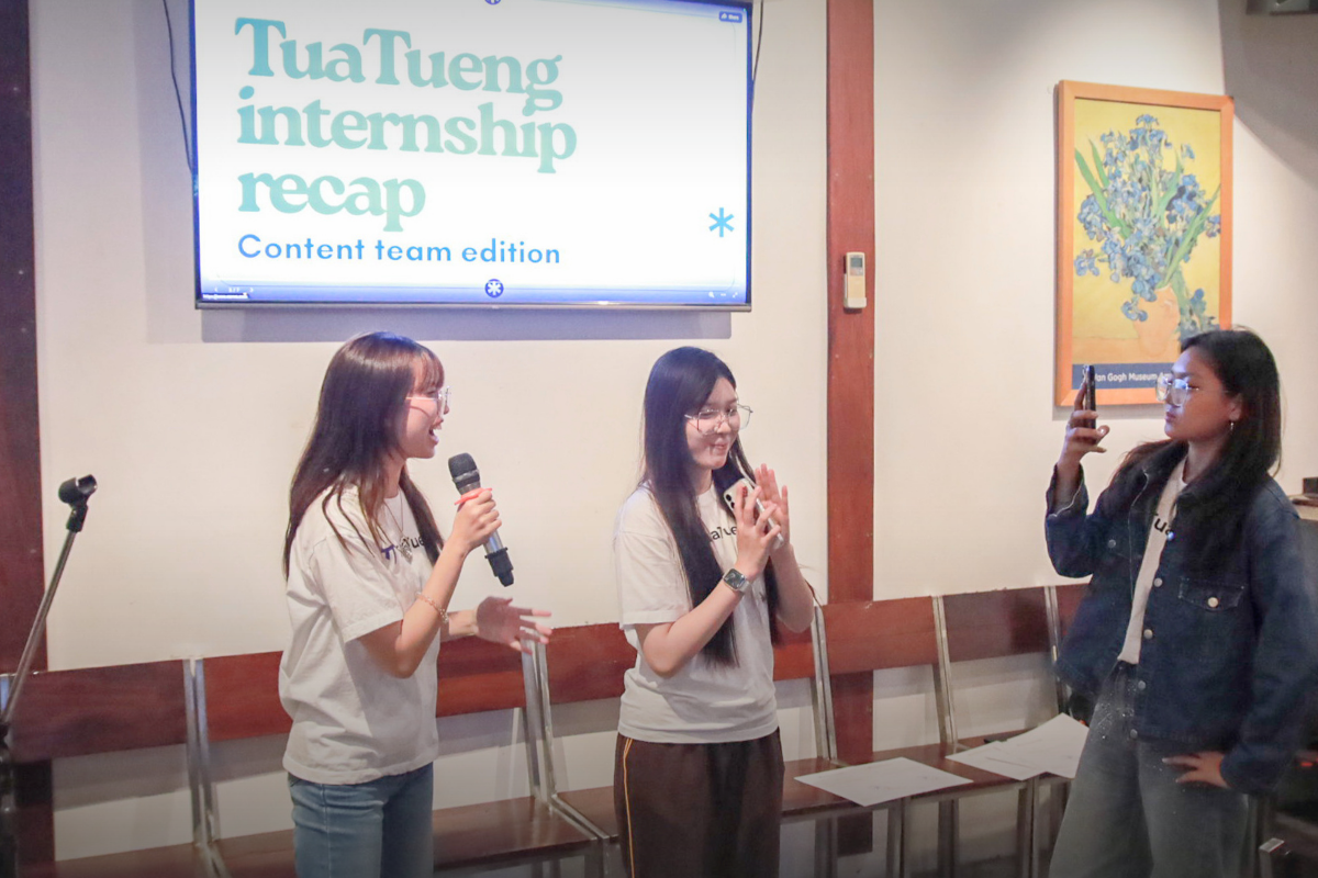The Content team takes the microphone for its internship recap and thanks
